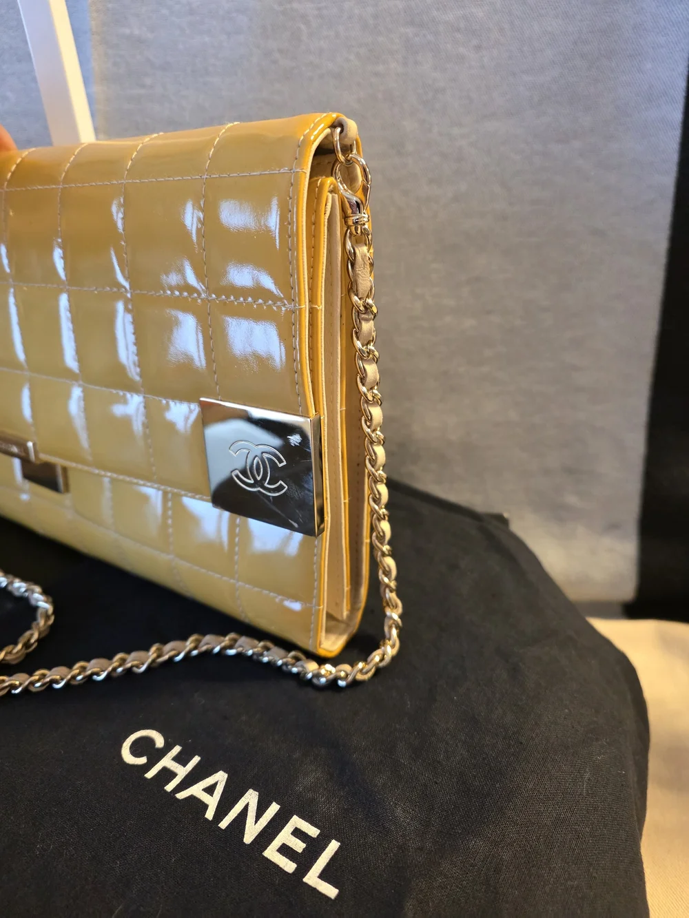 CHANEL Yellow Patent Leather Chocolate Bar Clutch